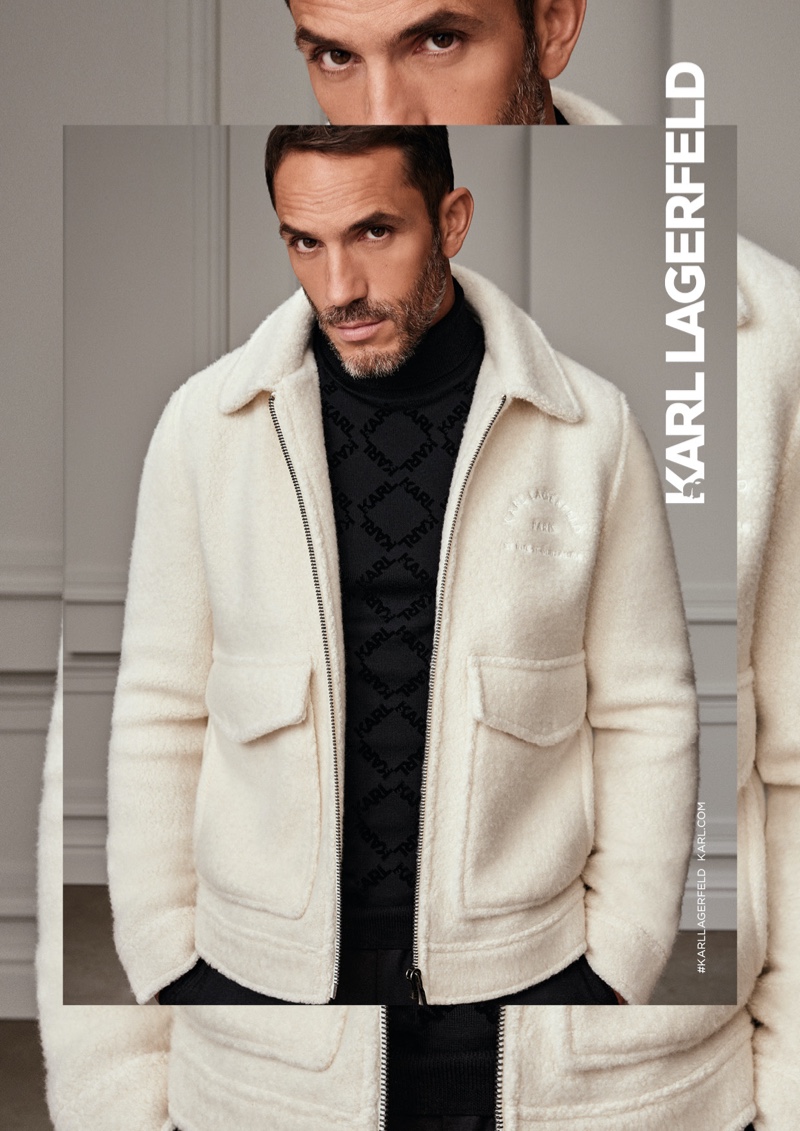 Sébastien Jondeau dons a chic look for Karl Lagerfeld's fall-winter 2020 men's campaign.