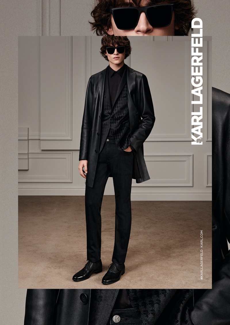 Donning all black, Liam Kelly fronts Karl Lagerfeld's fall-winter 2020 men's campaign.