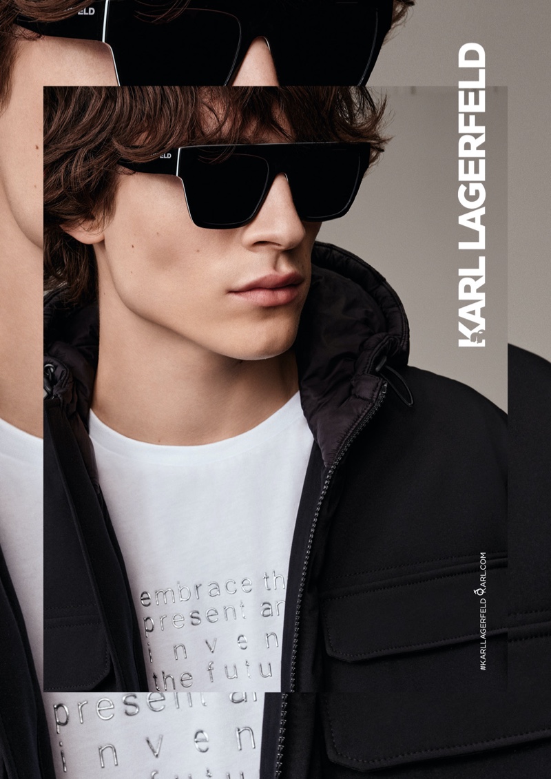 Model Liam Kelly fronts Karl Lagerfeld's fall-winter 2020 eyewear campaign.