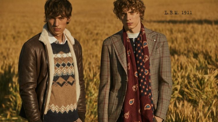 Models Eliot Moles le Bailly and Giulio Donvito sport smart looks from L.B.M. 1911's fall-winter 2020 collection.