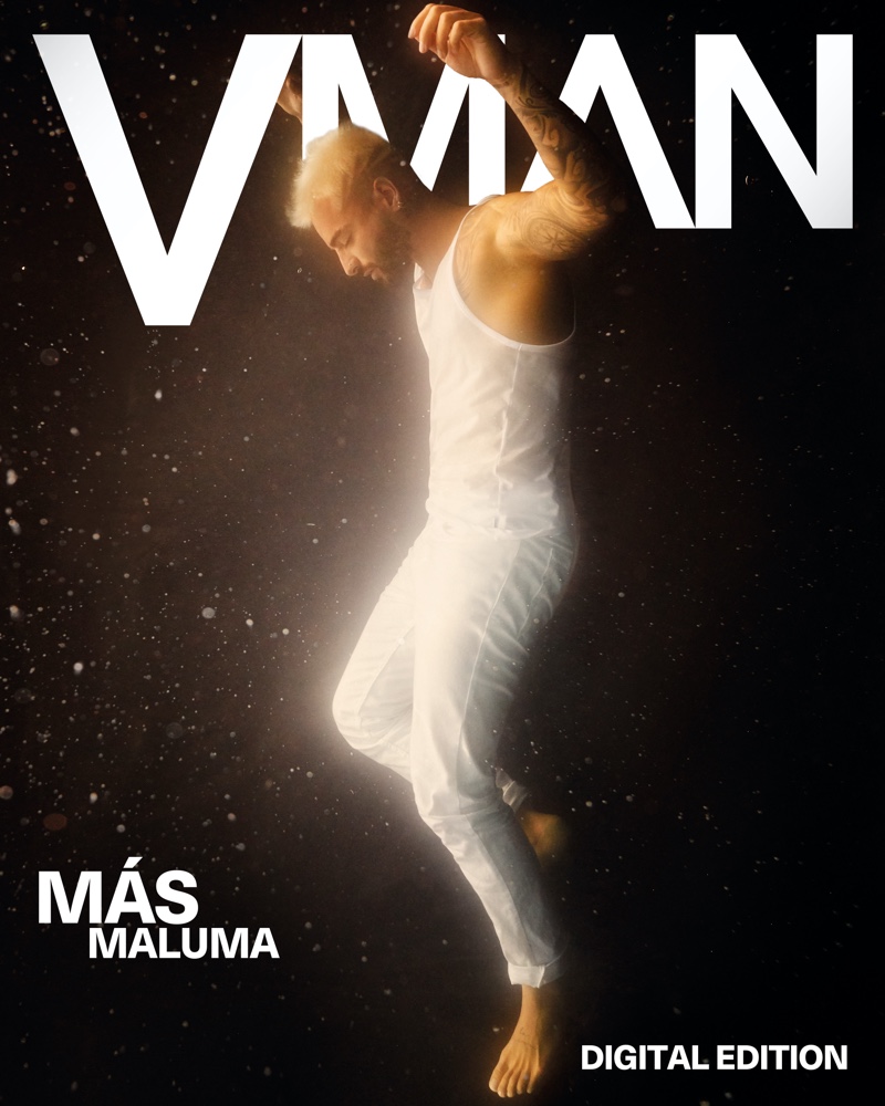 Sporting an all-white look from Calvin Klein, Maluma covers VMAN magazine.