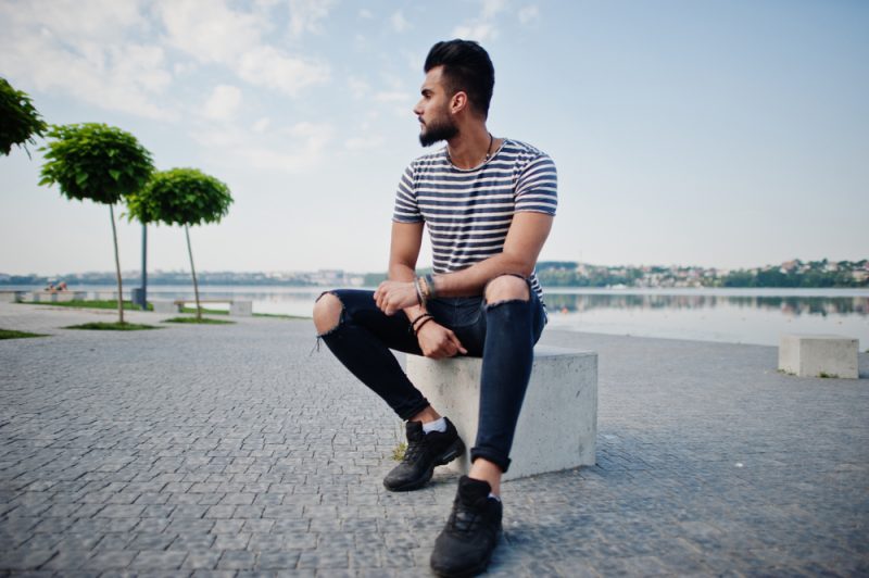 Man Striped T-Shirt Ripped Jeans