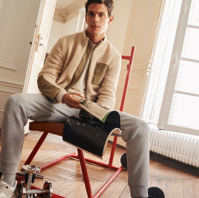 Front and center, Vincent Lacrocq sports a fleece jacket with joggers from Mango's Comfy collection.