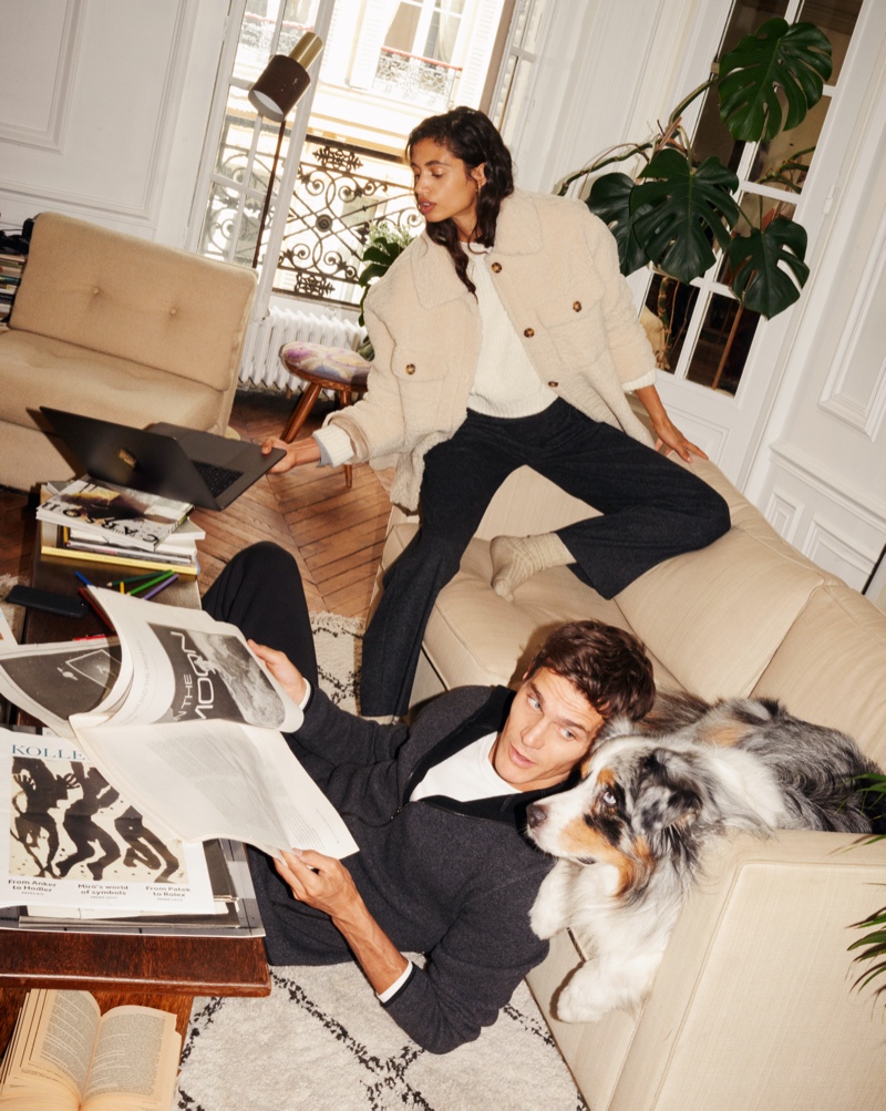 Retreating indoors, Malika El Maslouhi and Vincent Lacrocq relax in styles from Mango's Comfy collection.