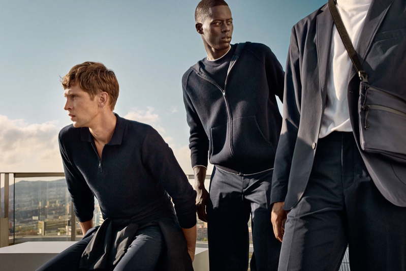 Top models Mathias Lauridsen and Alpha Dia sport monochromatic looks from Mango's Improved collection.