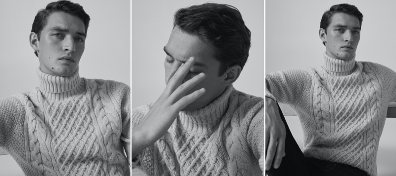 Hitting the studio, Otto Lotz models a cable-knit turtleneck sweater from Massimo Dutti.