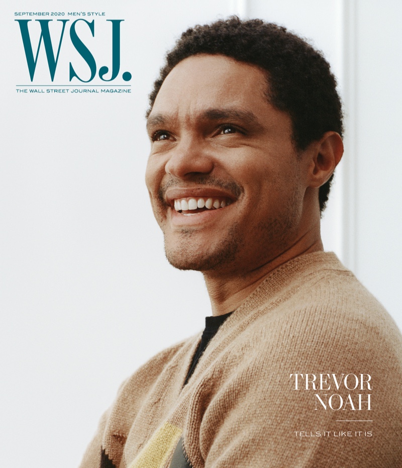 All smiles, Trevor Noah covers the September 2020 men's style issue of WSJ. Magazine.