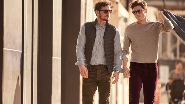 Taking a stroll, models Sam Webb and Ryan Kennedy don 34 Heritage's Charisma cord pants.