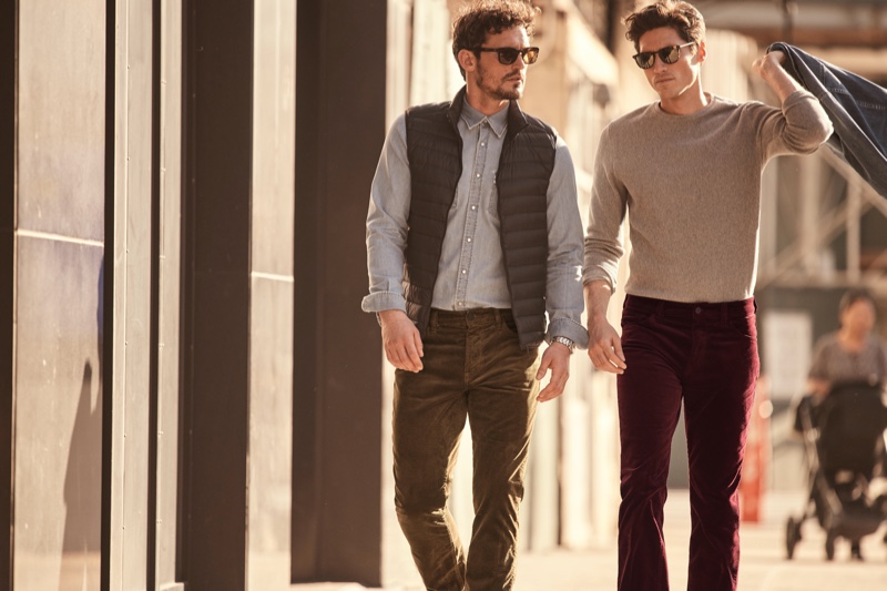 Taking a stroll, models Sam Webb and Ryan Kennedy don 34 Heritage's Charisma cord pants.