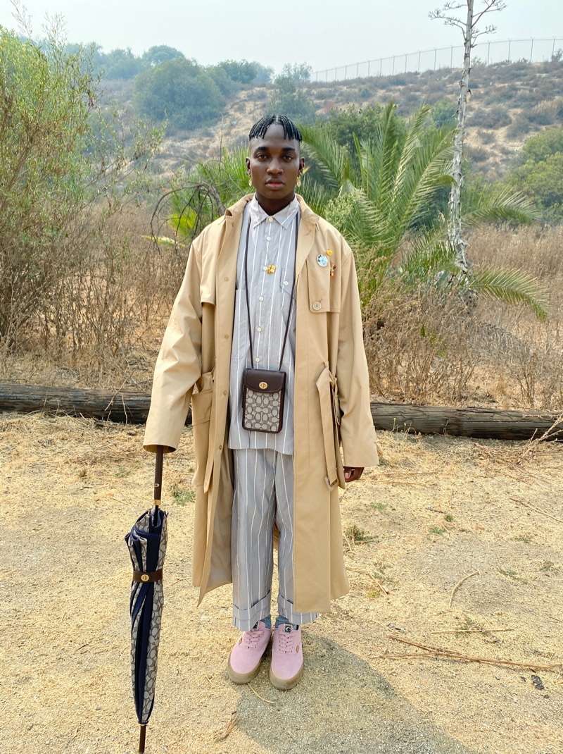 Rickey Thompson connects with Coach for spring-summer 2021, wearing one of the brand's charming new looks.