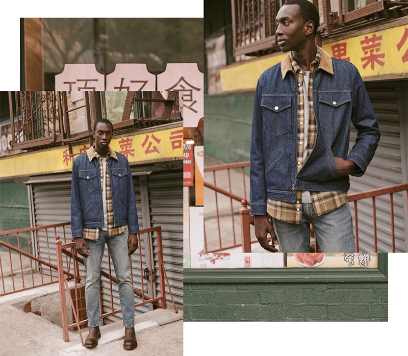 Double Denim Remixed: Macky Dabo hits the streets with East Dane for fall. He mixes denim washes in an A.P.C. Linden jacket and POLO Ralph Lauren Varick slim straight-fit jeans. Macky also sports a Gitman Vintage flannel shirt and Dr. Martens 2976 Chelsea boots.