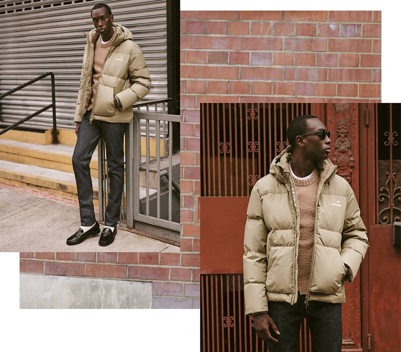 Puffer Up: A cold weather classic, the puffer jacket takes the spotlight with The Arrivals' AER alpine down puffer jacket. Stepping outdoors, Macky Dabo wears it with a Maison Margiela sweater, Banks Journal check pants, and Sebago Classic Joe loafers. The look playfully brings together casual and formal styles.