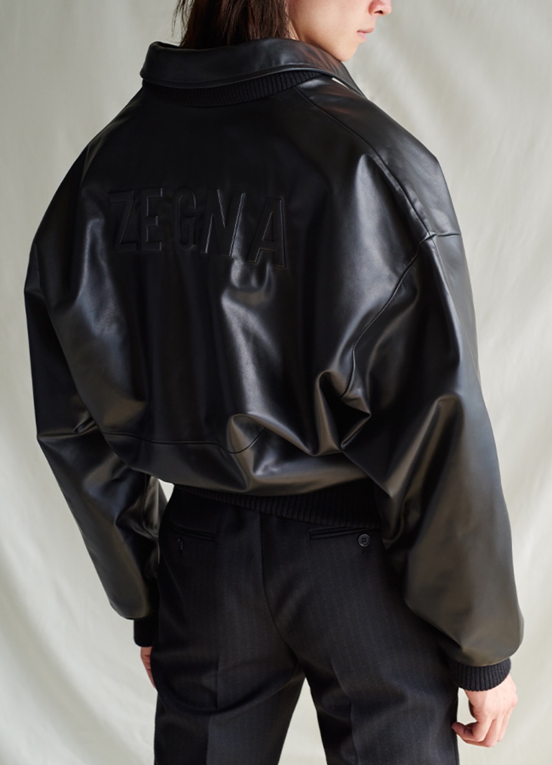 Mr Porter spotlights a logo-embossed leather bomber jacket from the Fear of God for Ermenegildo Zegna collection.