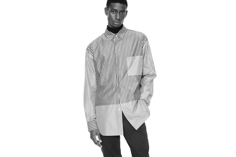 Louis Dicko sports a mixed stripe shirt for the UNIQLO +J fall-winter 2020 campaign.