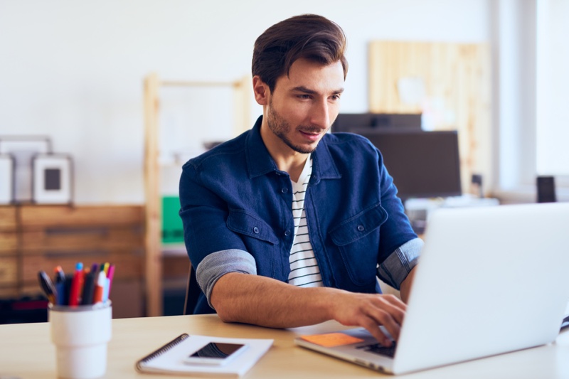 Man Working Laptop Denim Shirt Desk