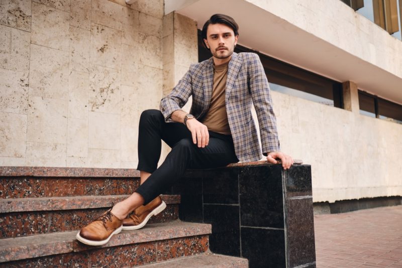 Man in Plaid Sport Coat with T-shirt and Brown Dress Shoes