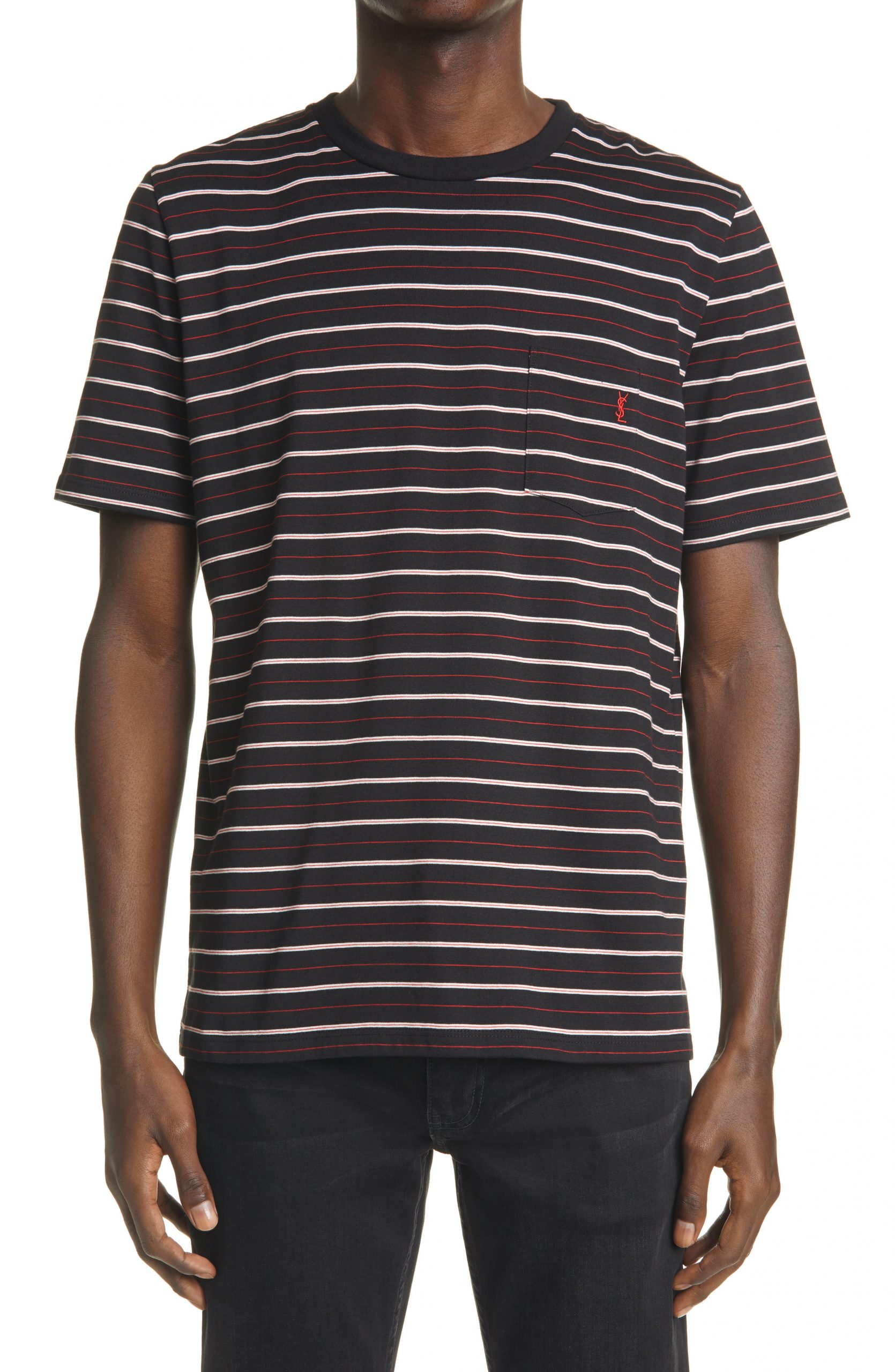 Men’s Saint Laurent Logo Embroidered Stripe Men’s T-Shirt | The Fashionisto