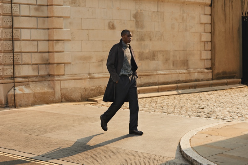 Model James Kakonge takes to the paved city streets in chic menswear from Mr Porter's fall-winter 2020 Mr P. collection.