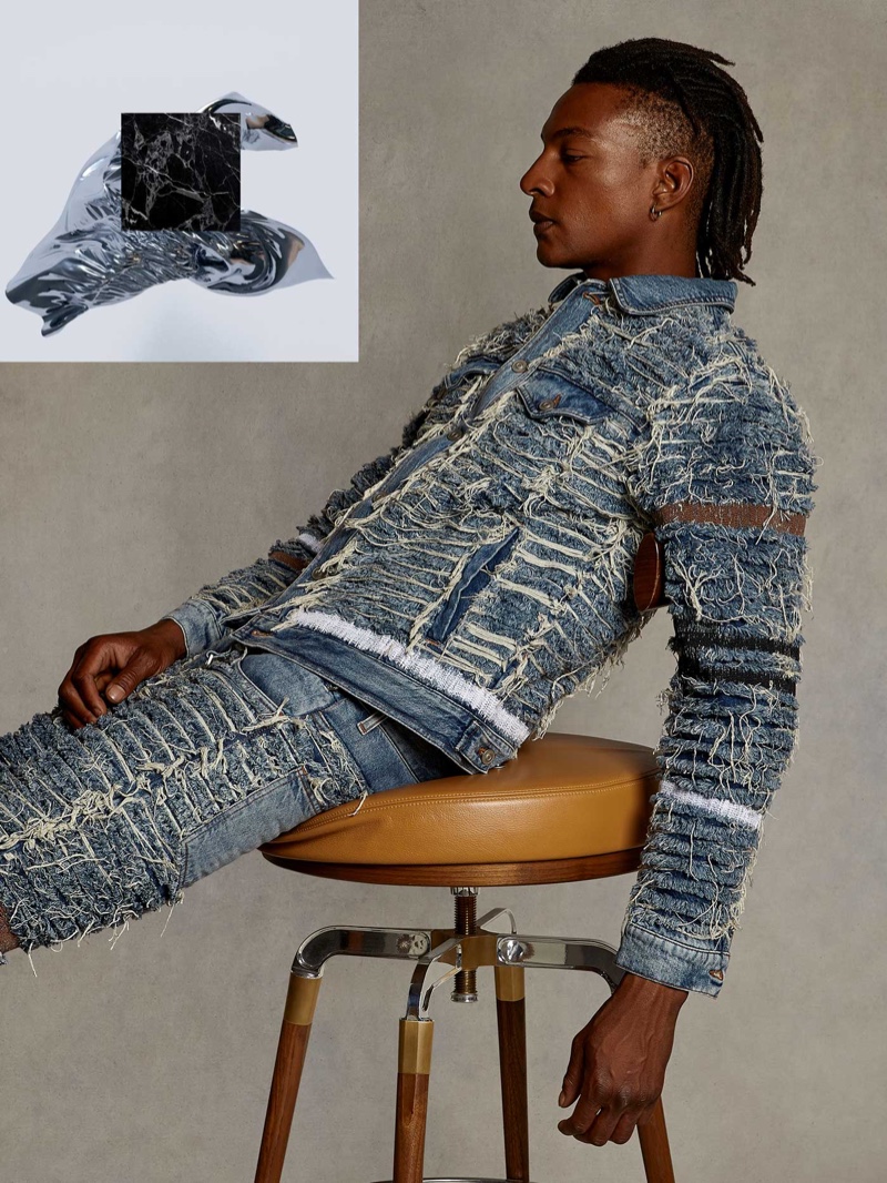Deconstructed is in vogue as Ty Ogunkoya rocks a 1017 ALYX9SM x Blackmeans shredded denim jacket. The standout jacket even has matching pair of jeans for a statement double-denim look.