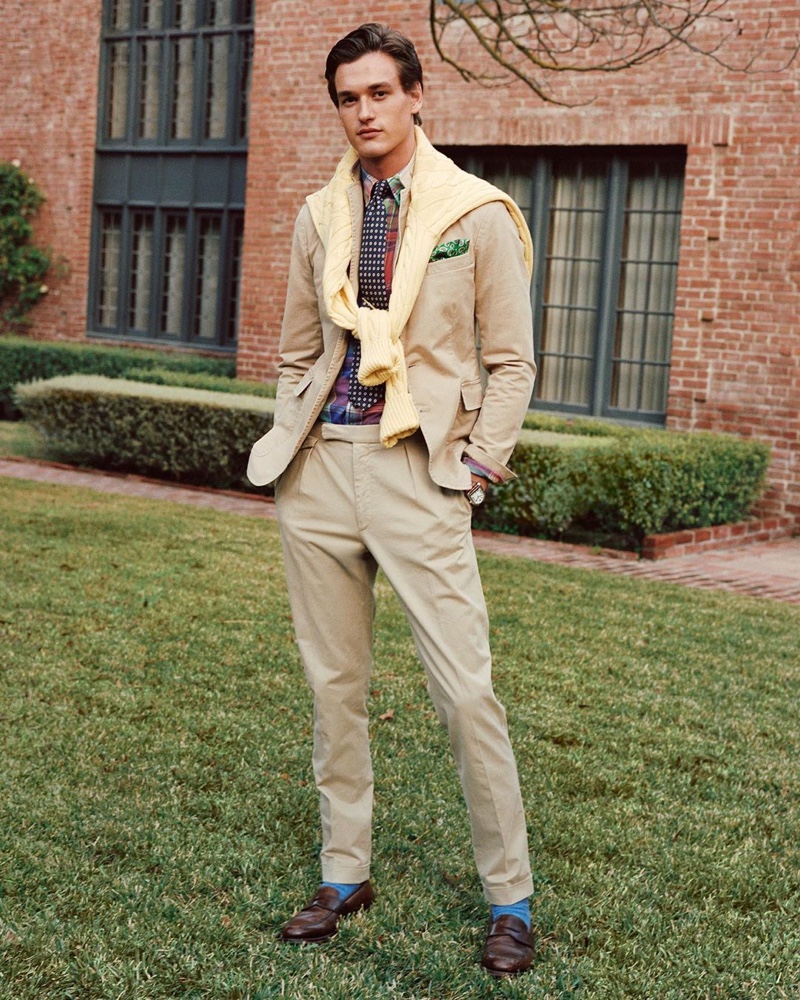 Reuniting with POLO Ralph Lauren for fall 2020, Jegor Venned models a preppy tailored look from the American brand.