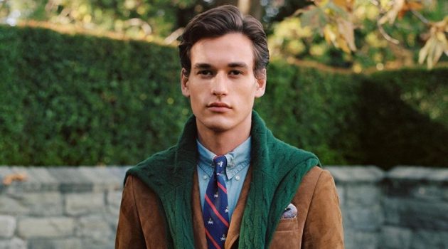 POLO Ralph Lauren Delivers 'Heritage Icons' for Fall '20 Collection Jegor Venned is a posh vision in fall menswear from POLO Ralph Lauren. The top model dons a brown suede blazer with a POLO denim shirt and cable-knit sweater in green.