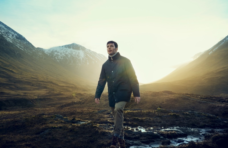 British actor Sam Claflin fronts Barbour Gold Standard's fall-winter 2020 campaign. He sports the premium brand's Supa-Border waxed jacket.