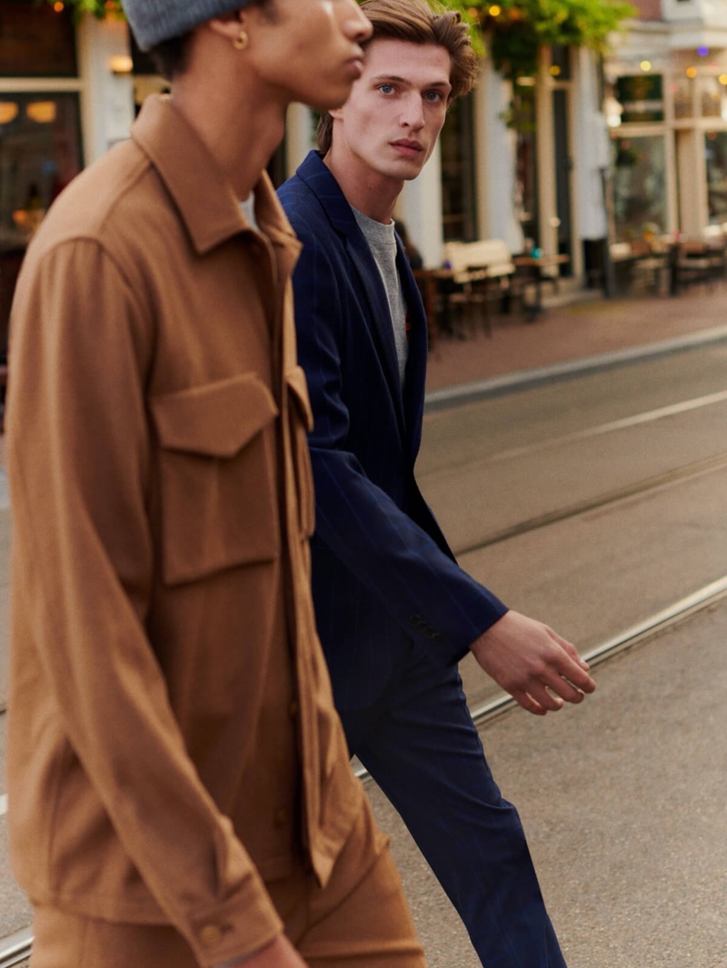 Models Sol Goss and Edoardo Sebastianelli front Scotch & Soda's fall-winter 2020 tailoring campaign.