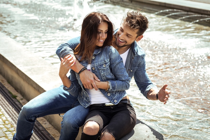 Smiling Couple Denim Jackets Jeans Outside