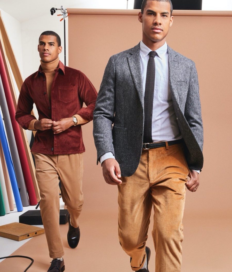 Embracing smart fall style, Vitor dons corduroy looks from Todd Snyder. Left, Victor wears a Todd Snyder Italian corduroy overshirt. Right, he sports the brand's Italian pleated cord suit trousers.