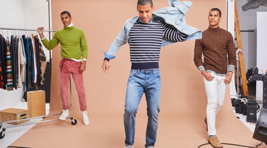 Front and center, Vitor is ready to layer for fall in turtleneck knitwear. Left to Right: Vitor models a Todd Snyder cashmere turtleneck, striped ribbed turtleneck, and marled mockneck sweater.