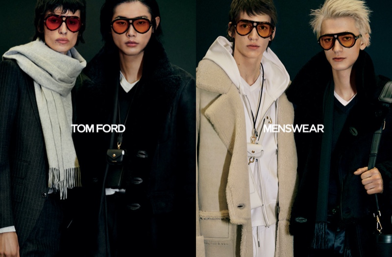 Models Joel Dent, Tae Min Park, and Gena Malinin appear in Tom Ford's fall-winter 2020 men's campaign.