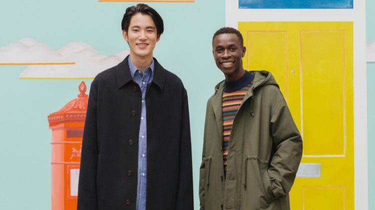 Models Hikaru Takakamo and Chimère Saliou showcase looks from the UNIQLO x JW Anderson fall-winter 2020 collection.