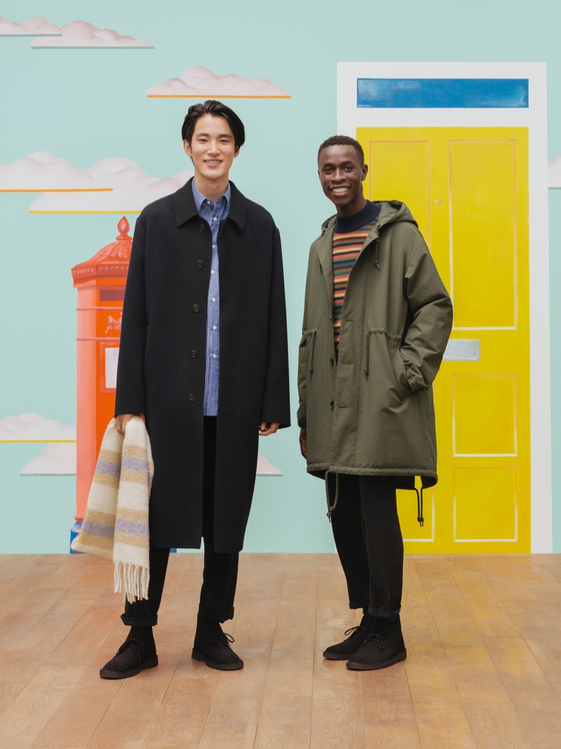 Models Hikaru Takakamo and Chimère Saliou showcase looks from the UNIQLO x JW Anderson fall-winter 2020 collection.