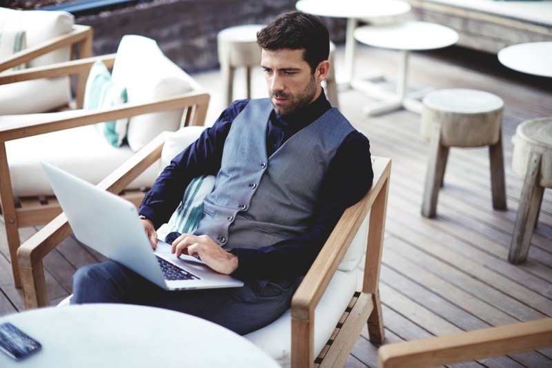 Well Dressed Man Laptop Vest Business Look Well Dressed Man Laptop Vest Business Look