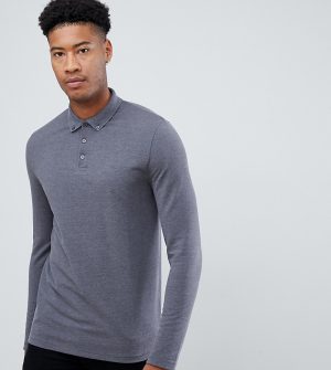 ASOS DESIGN Tall long sleeve pique polo with button down collar in gray ASOS DESIGN Tall long sleeve pique polo with button down collar in gray