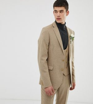 ASOS DESIGN Tall wedding skinny suit jacket in stone micro check ASOS DESIGN Tall wedding skinny suit jacket in stone micro check