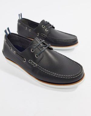 ASOS DESIGN boat shoes in navy leather with white sole ASOS DESIGN boat shoes in navy leather with white sole