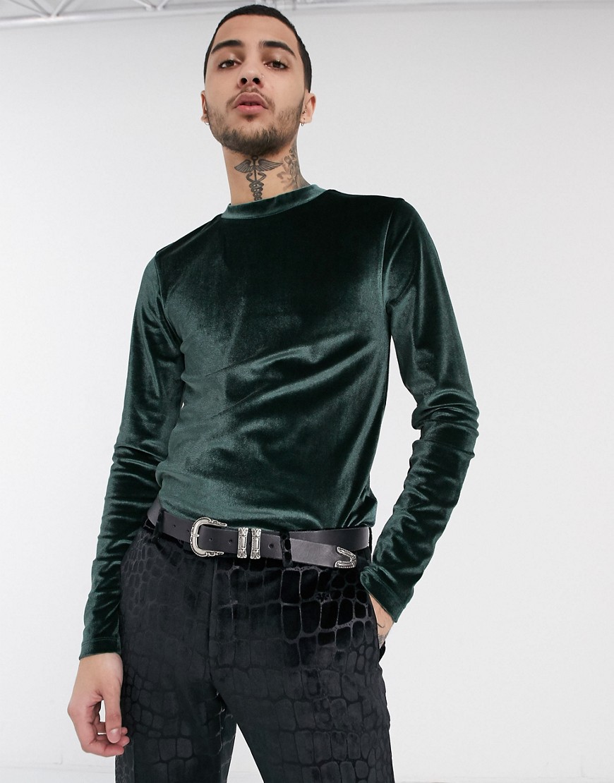 ASOS DESIGN long sleeve muscle t-shirt in velour in green | The Fashionisto