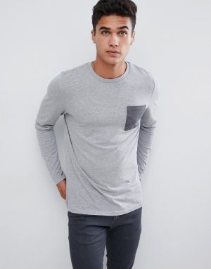 ASOS DESIGN long sleeve t-shirt with contrast pocket in gray marl ASOS DESIGN long sleeve t-shirt with contrast pocket in gray marl