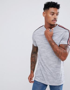 ASOS DESIGN longline t-shirt in interest fabric with contrast taping in gray ASOS DESIGN longline t-shirt in interest fabric with contrast taping in gray
