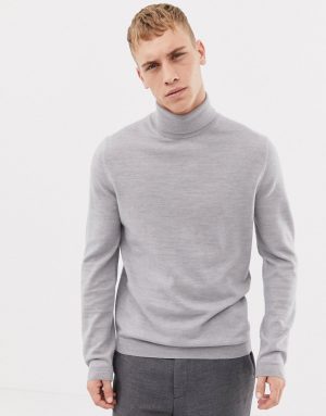 ASOS DESIGN merino wool roll neck sweater in pale gray ASOS DESIGN merino wool roll neck sweater in pale gray