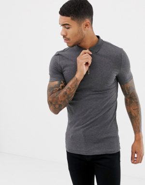 ASOS DESIGN muscle fit jersey polo with stretch with zip neck in gray ASOS DESIGN muscle fit jersey polo with stretch with zip neck in gray