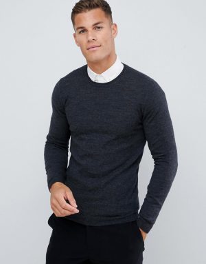 ASOS DESIGN muscle fit merino wool sweater in charcoal-Gray ASOS DESIGN muscle fit merino wool sweater in charcoal-Gray
