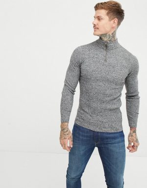 ASOS DESIGN muscle fit ribbed half zip sweater in gray twist ASOS DESIGN muscle fit ribbed half zip sweater in gray twist