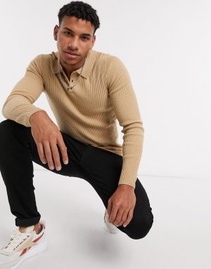 ASOS DESIGN muscle fit ribbed polo in camel-Brown ASOS DESIGN muscle fit ribbed polo in camel-Brown