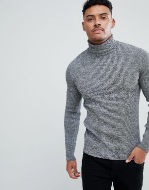ASOS DESIGN muscle fit ribbed roll neck sweater in black & white twist-Gray ASOS DESIGN muscle fit ribbed roll neck sweater in black & white twist-Gray
