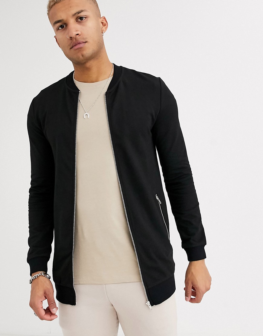 ASOS DESIGN muscle longer length jersey bomber jacket in black with ...