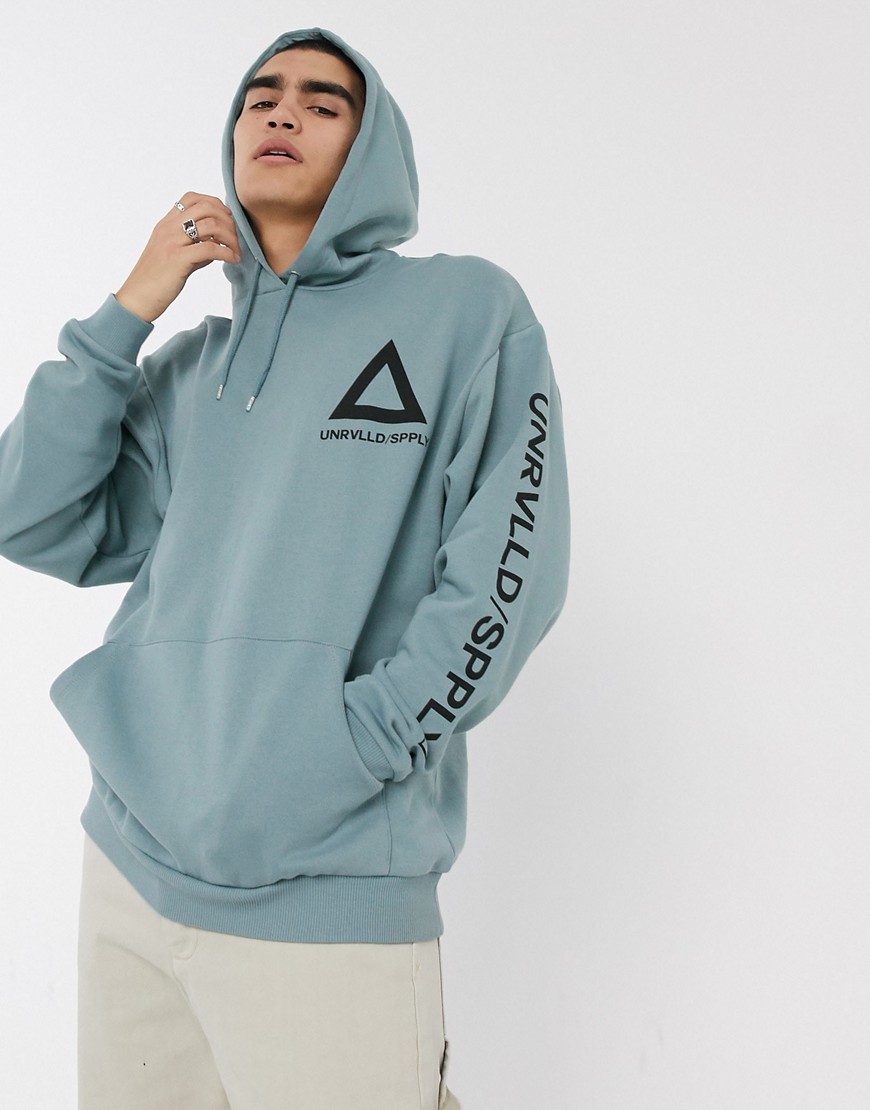 ASOS DESIGN oversized hoodie in pale blue with multi placement print ...
