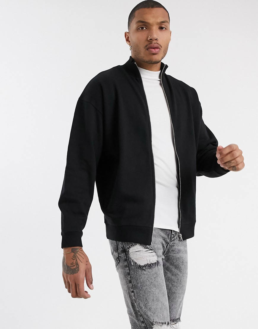 ASOS DESIGN oversized jersey track jacket in black-Navy | The Fashionisto