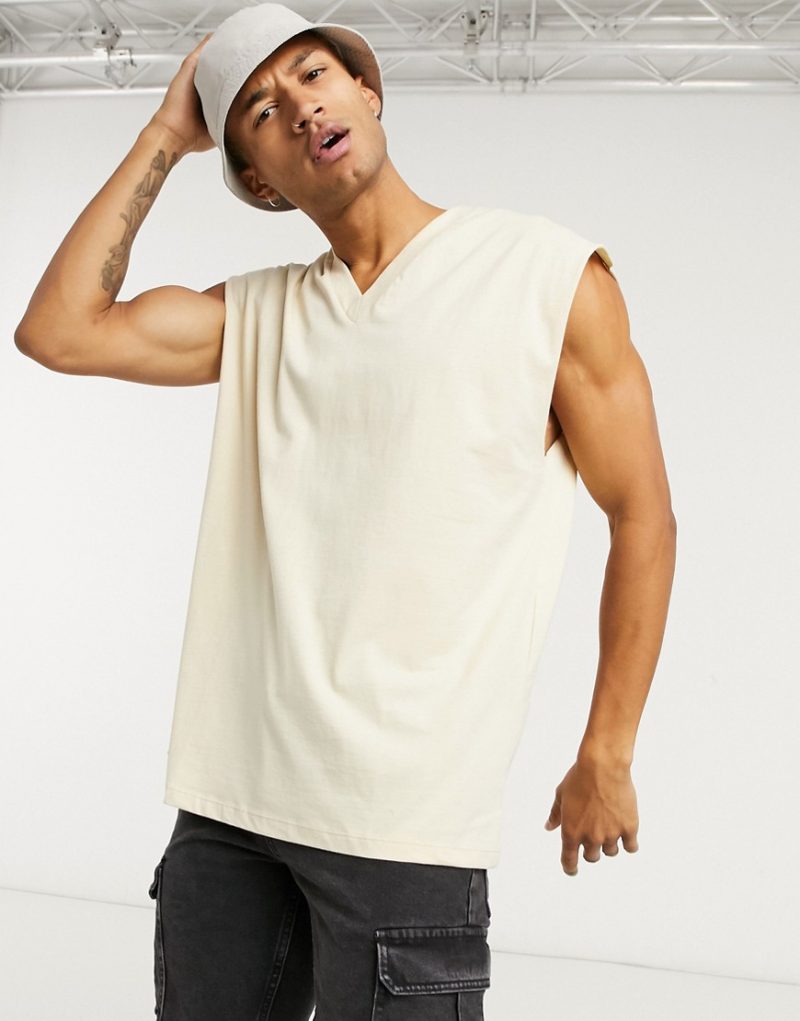 ASOS DESIGN oversized sleeveless t-shirt with v neck in beige | The ...
